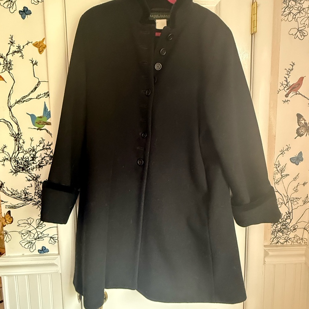 Harvé Benard Black Button Front Coat Velvet Trim- Size Large